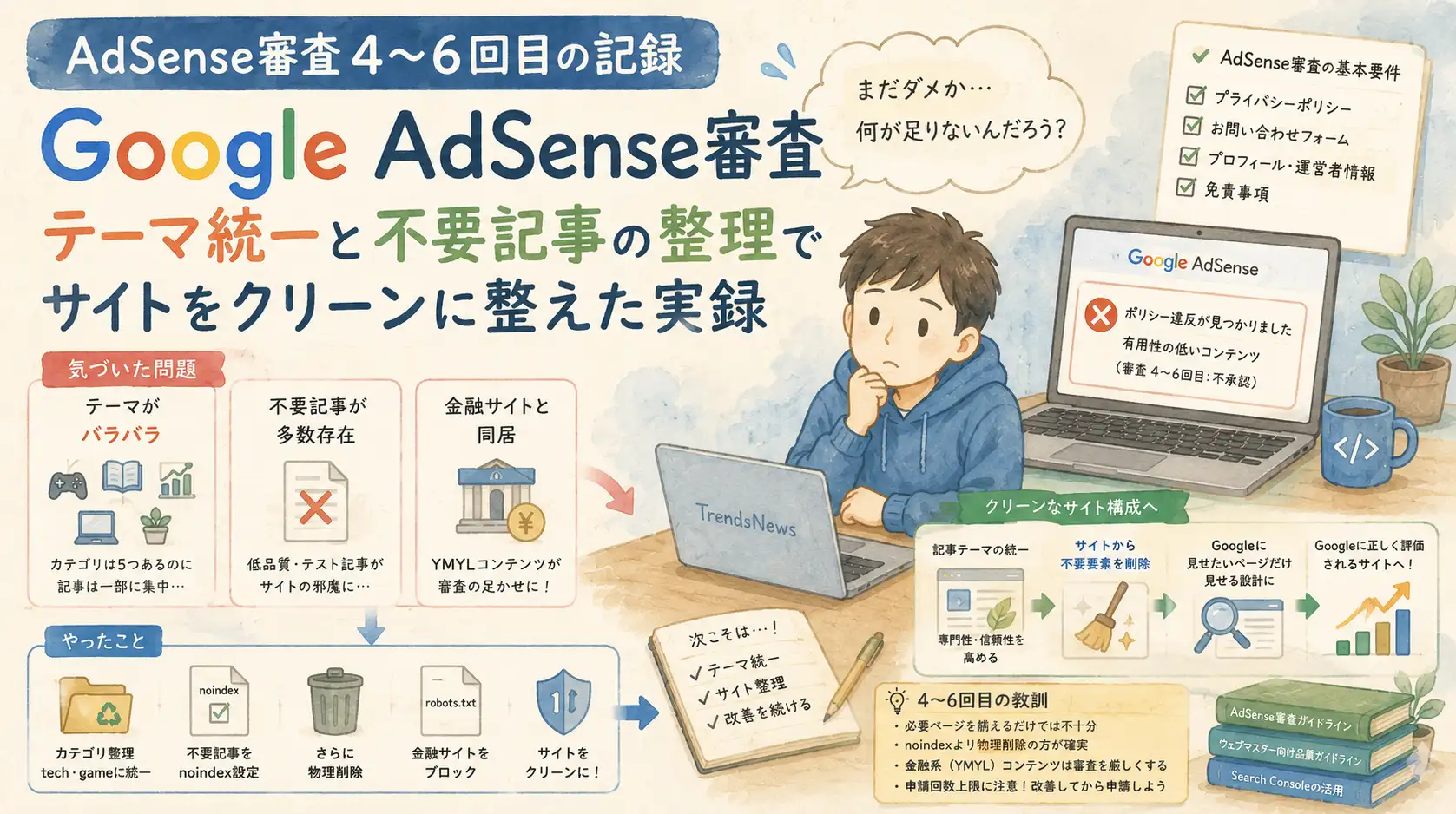 Google AdSense審査4〜6回目の記録｜バラバラだった記事テーマを統一・不要記事を整理した話