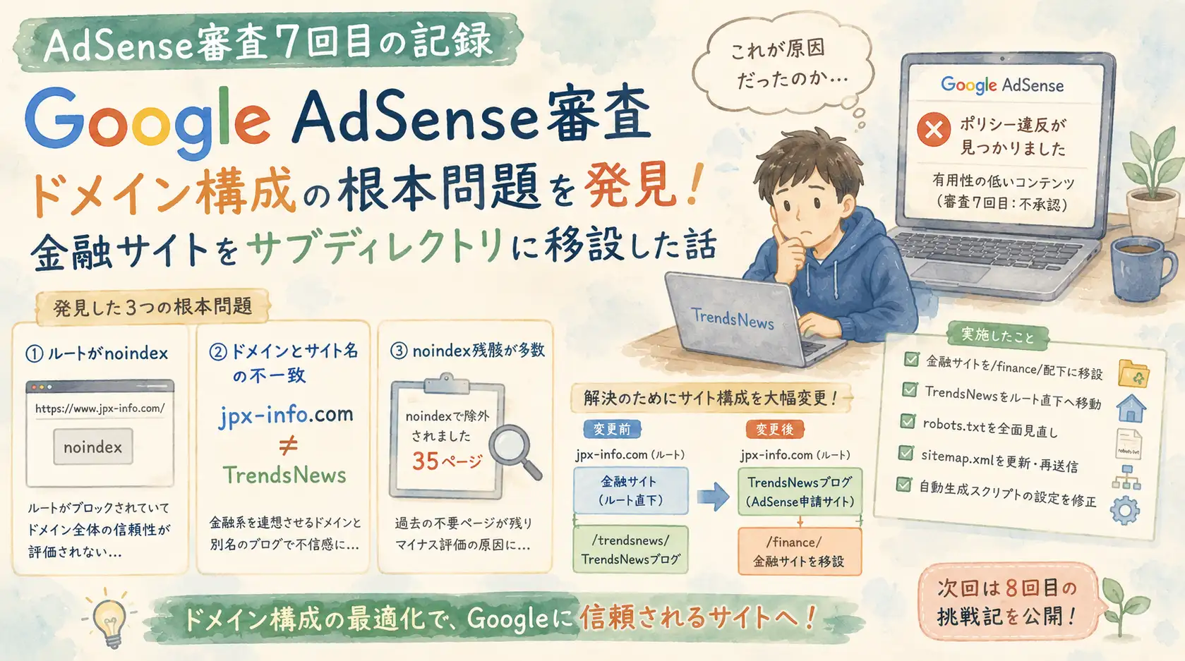 Google AdSense審査7回目の記録｜ドメイン構成の根本問題を発見・金融サイトをサブディレクトリに移設した話