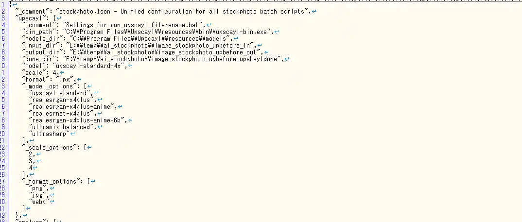 Adobe Stockの自動収集システムのupscaylのjson設定画面