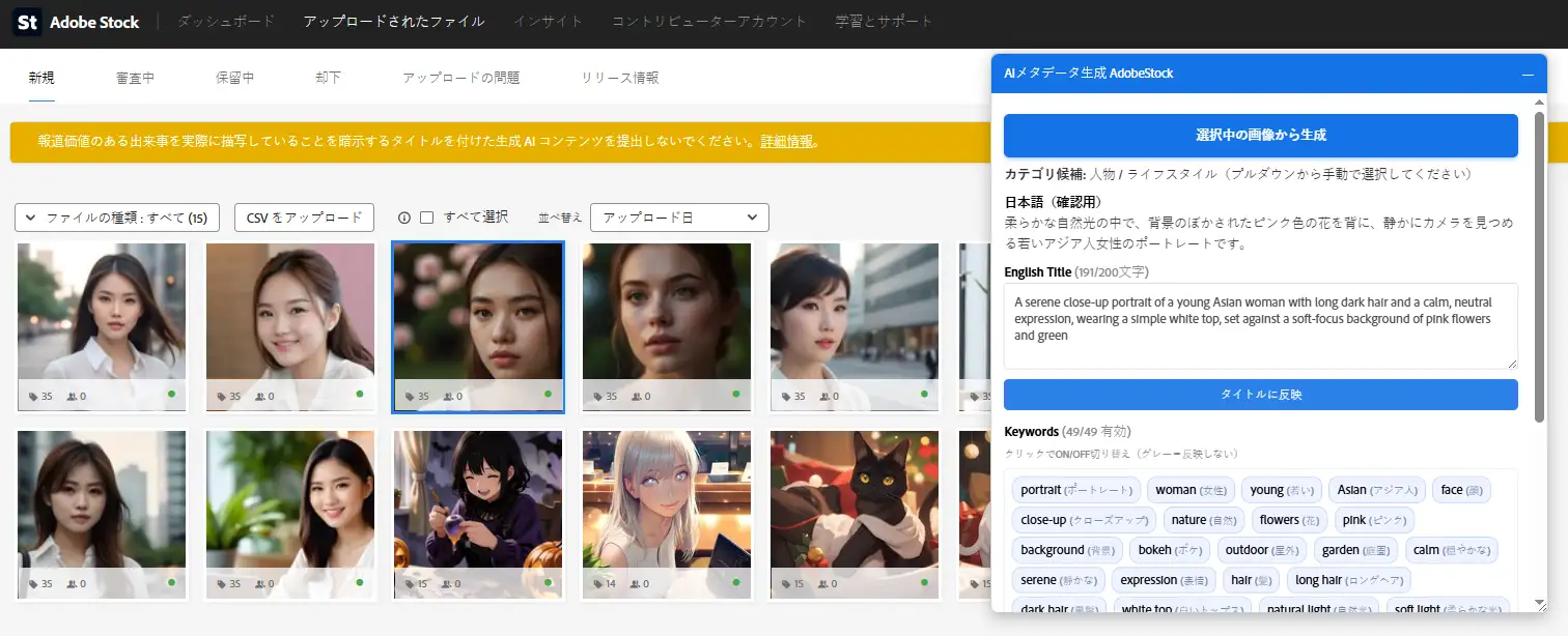Adobe Stockタイトル自動入力ソフトの自動判定後の画面