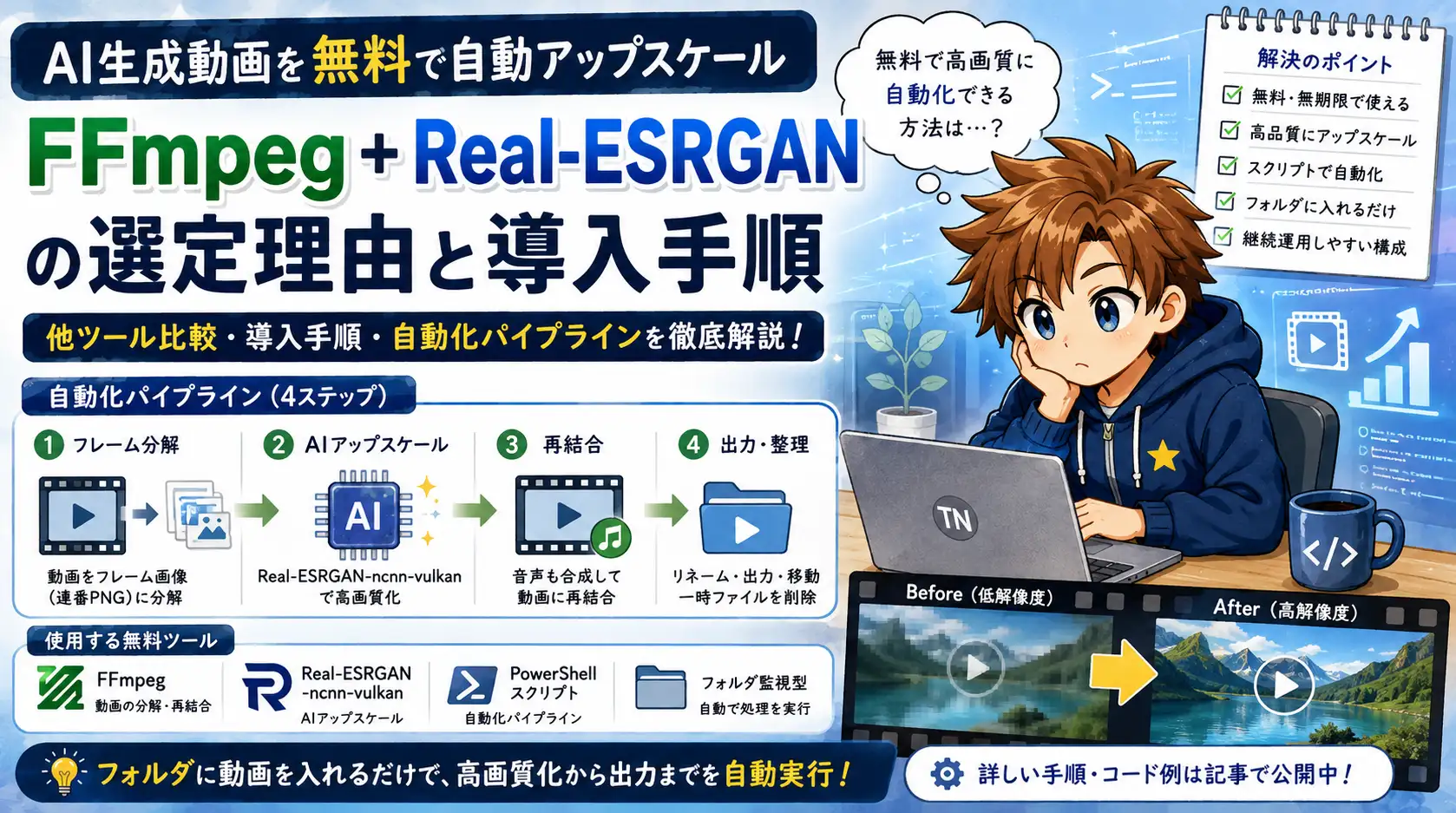 AI生成動画を無料で自動アップスケール