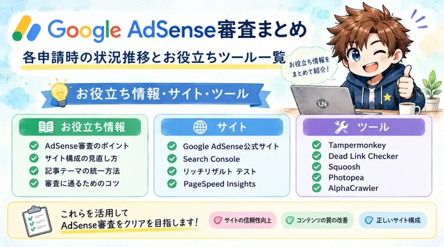 Google AdSense審査複数回ＮＧの記録｜状況推移・改善内容・使ったツールまとめ