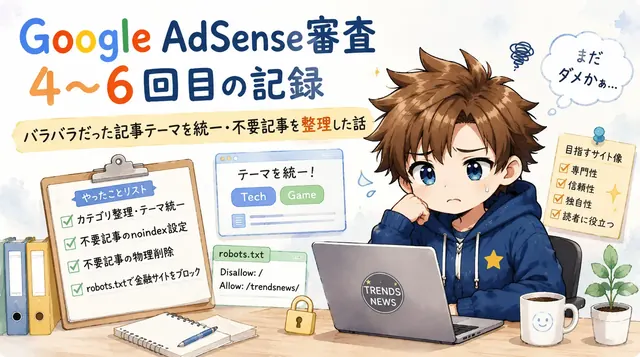 Google AdSense審査4〜6回目の記録｜バラバラだった記事テーマを統一・不要記事を整理した話