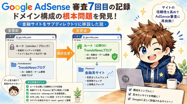 Google AdSense審査7回目の記録｜ドメイン構成の根本問題を発見・金融サイトをサブディレクトリに移設した話