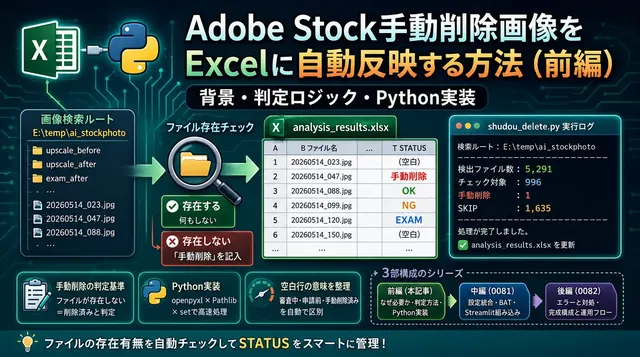 Adobe Stock手動削除画像をExcelに自動反映する方法（前編）｜背景・判定ロジック・Python実装