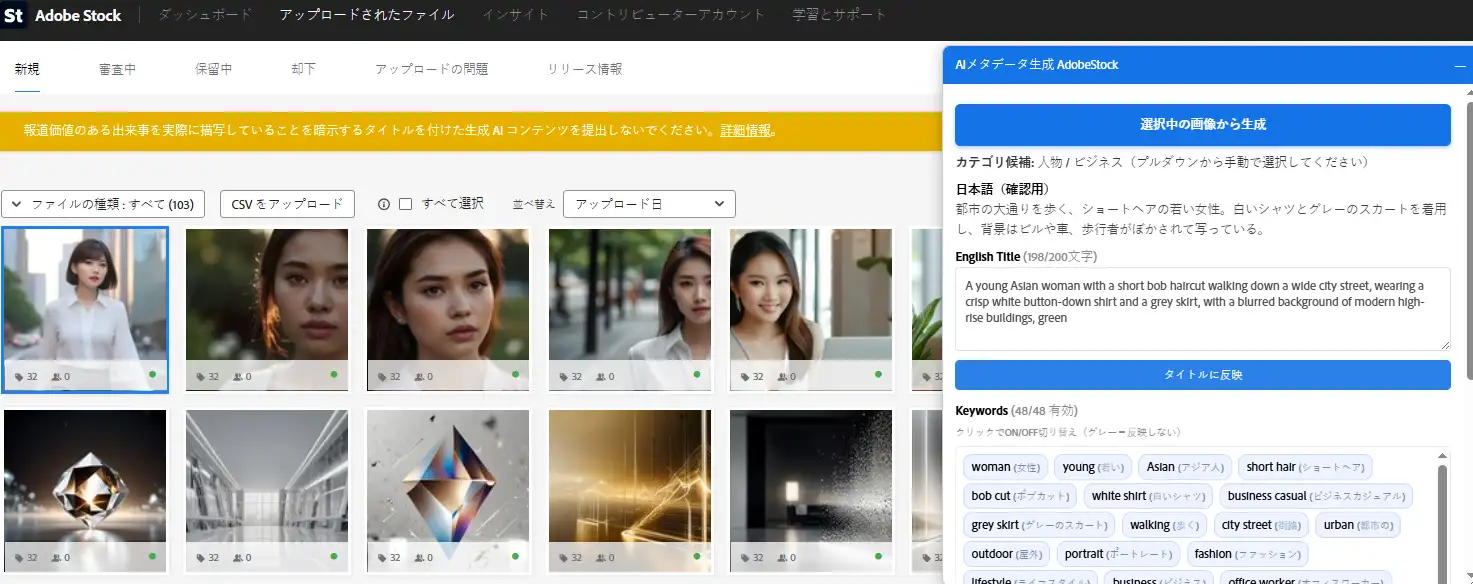 AdobeStockPhotoのメタデータ作成ツールのメタデータ自動生成後画面